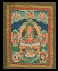 Thangka-Malerei, die einen nicht identifizierten Bodhisattva darstellt, mit verschiedenen Bodhisattvas, Gottheiten und heiligen Männern, aus Lhasa, 1780-1880